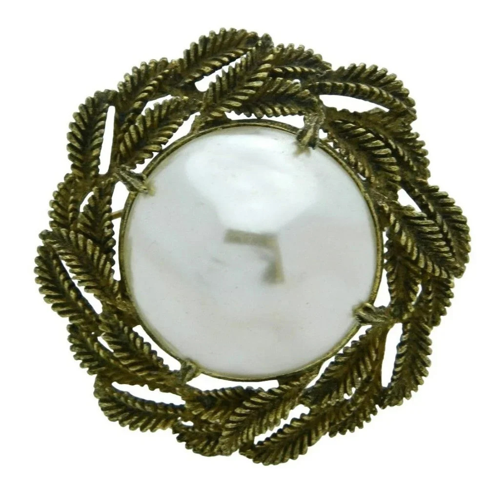 Gold Tone Art Nouveau Faux Pearl Large Wreath Pin Brooch